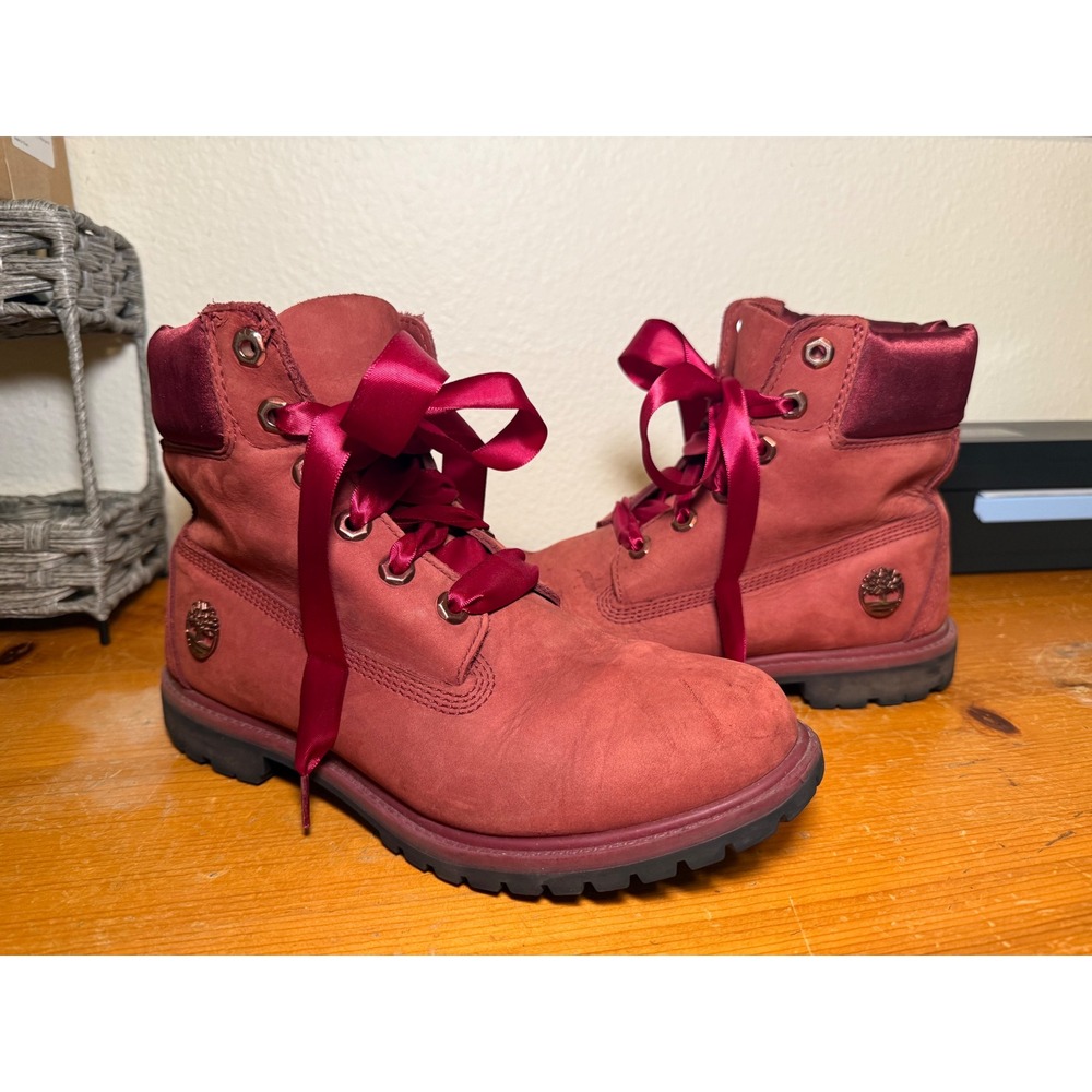 Timberland Premium 6" Waterproof Boots Women's 9 Burgundy Satin Ribbon A1SC7